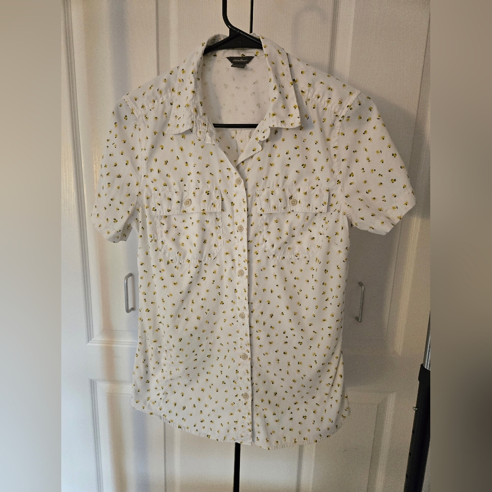 Eddie Bauer White Shirt with Yellow Floral Pattern